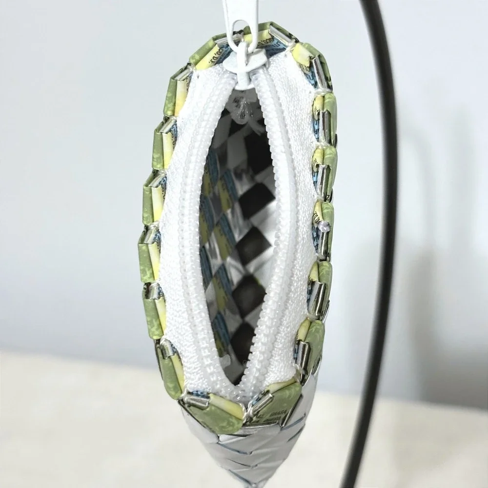 Handcrafted Upcycled Woven Coin Purse‎ Green Silver White Recycled Wrapper Bag